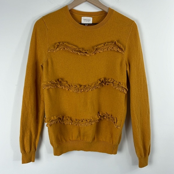 Sezane Andreas Yellow Wool Cashmere Ruffle Pullover Sweater Womens Size M - Picture 1 of 8